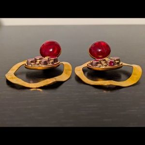 Hammered Gold and Red Gem Earrings